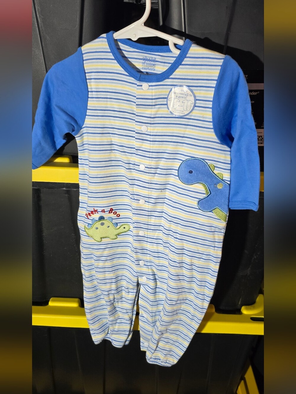 Child Of Mine By Carters Blue & White Striped Dino One-Piece for Kids